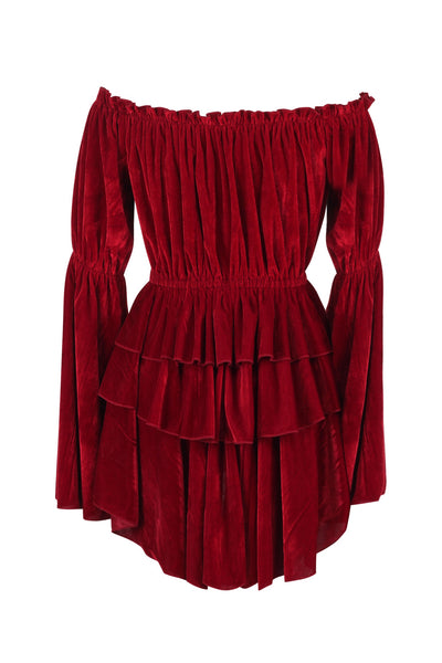 Dark Red Velvet Ruffle Dress