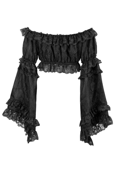 Black Lace Smocked Flare Sleeve Peasant Top