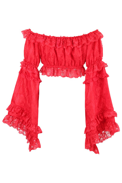 Red Lace Smocked Flare Sleeve Peasant Top