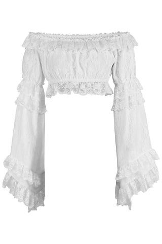 White Lace Smocked Flare Sleeve Peasant Top