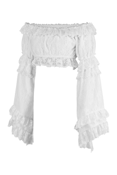 White Lace Smocked Flare Sleeve Peasant Top