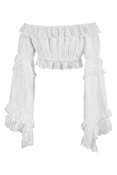 White Lace Smocked Flare Sleeve Peasant Top