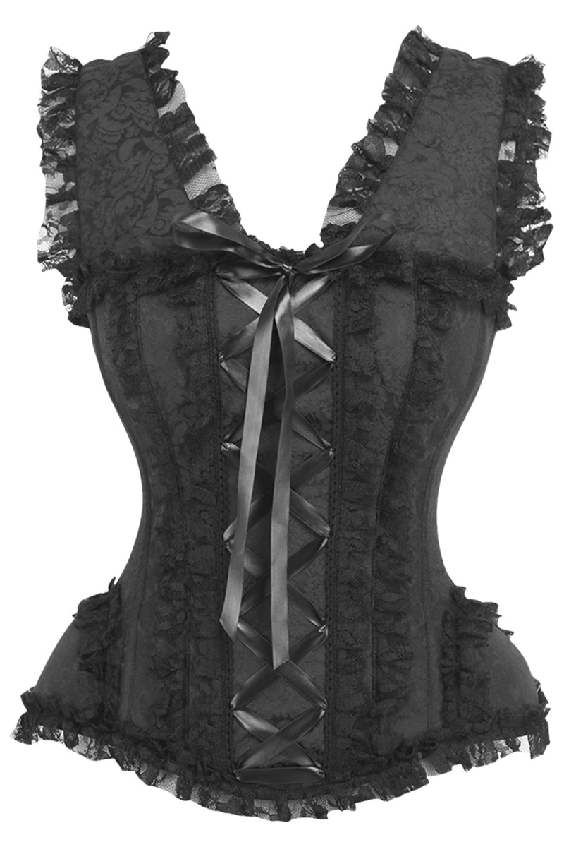 Daisy Corsets Top Drawer Black Brocade And Lace Steel Boned Corset Wcap Sleeves 2669