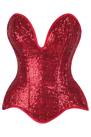 Top Drawer Steel Boned Red Sequin Plunge Neckline Overbust Corset