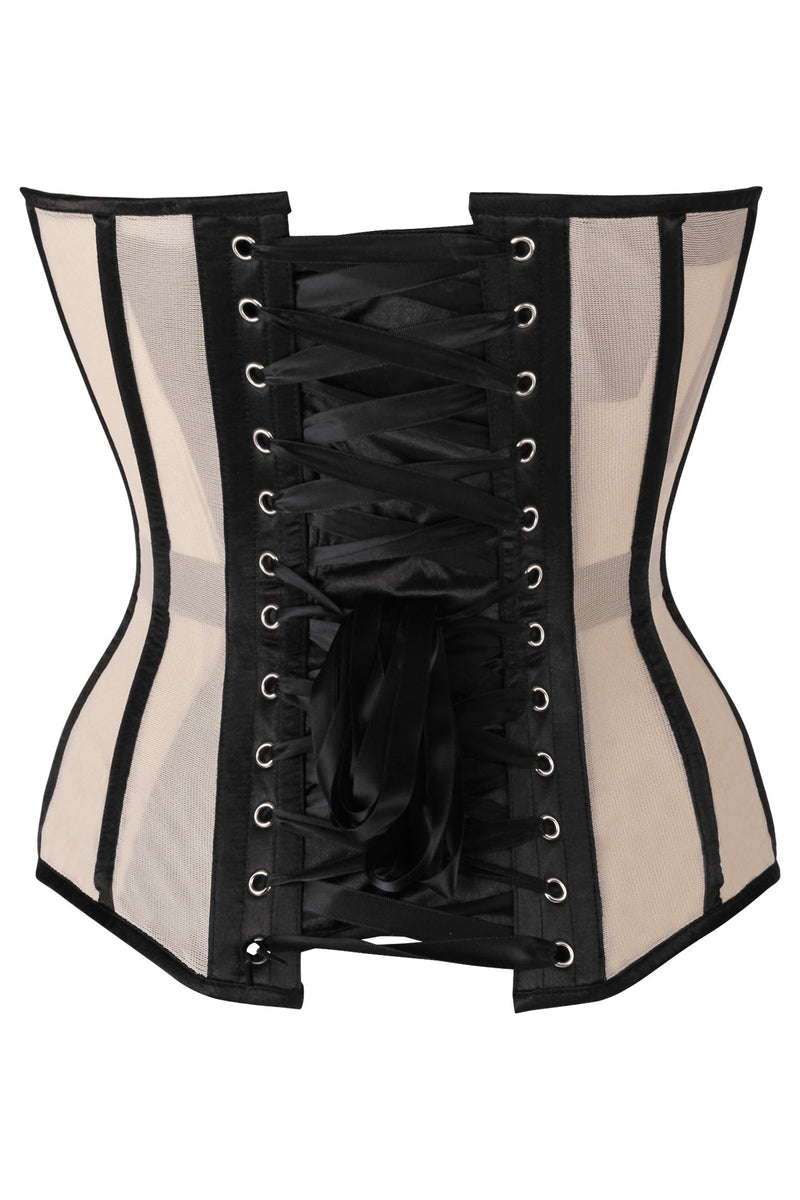 Daisy Corsets Top Drawer Nude Mesh & Black Satin Steel Boned Overbust ...