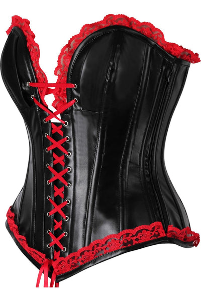 Top Drawer Black Faux Leather & Red Lace Trim Steel Boned Corset