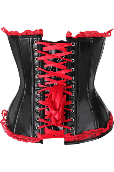 Top Drawer Black Faux Leather & Red Lace Trim Steel Boned Corset