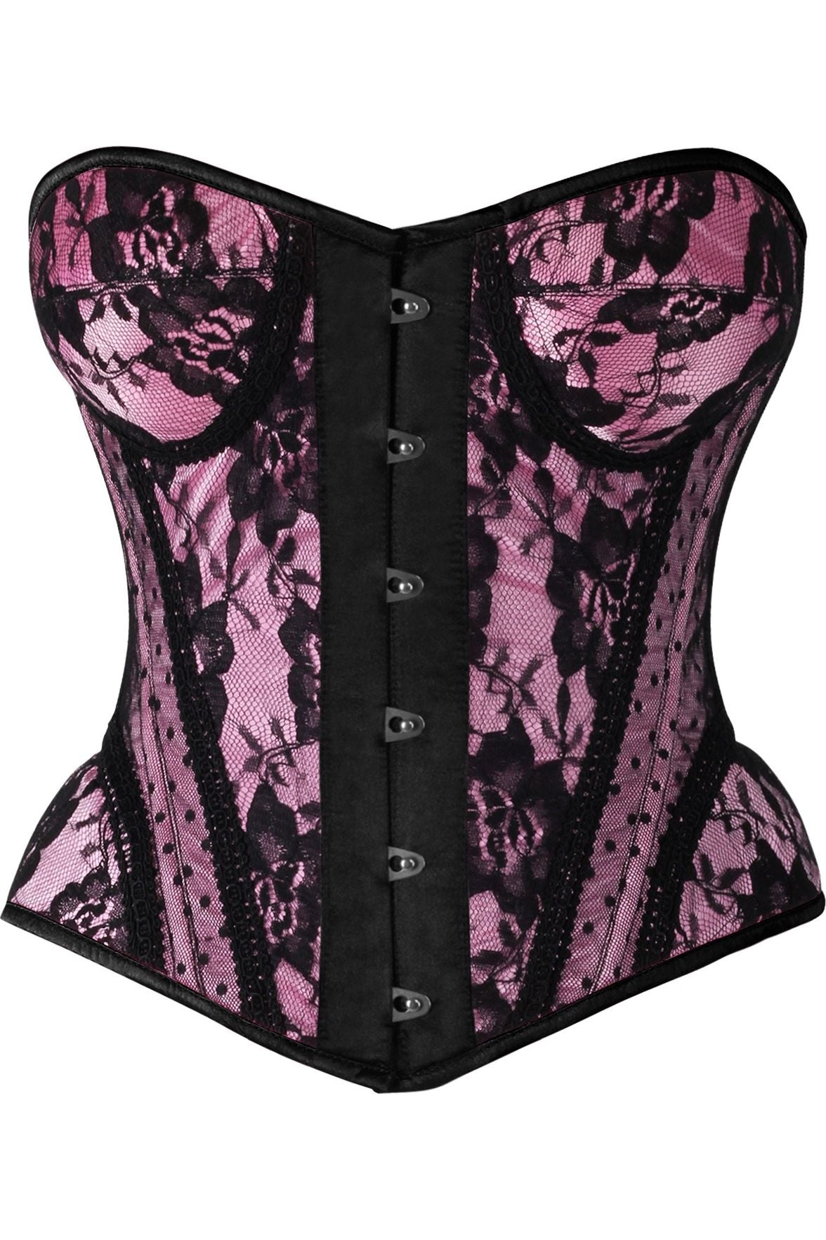 Top Drawer Pink w/Black Lace Steel Boned Underwire Bustier Corset