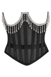 Top Drawer Steel Boned Sheer Underwire Waist Cincher w/Fringe