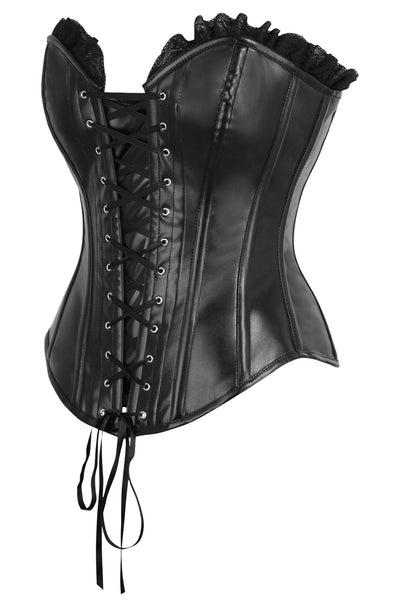 Top Drawer Black Faux Leather & Black Lace Trim Lace-Up Steel Boned Corset