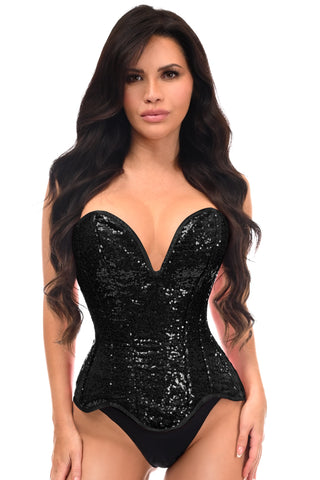 Top Drawer Steel Boned Black Sequin Plunge Neckline Overbust Corset