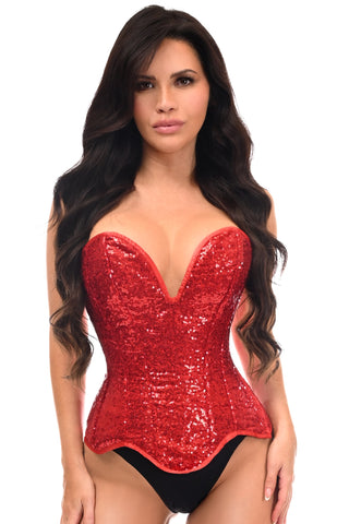 Top Drawer Steel Boned Red Sequin Plunge Neckline Overbust Corset