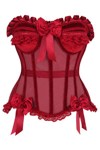 Top Drawer Steel Boned Dark Red Mesh & Velvet Underwire Bustier Corset