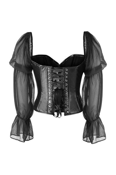 Top Drawer Black Faux Leather Steel Boned Corset w/Sleeves