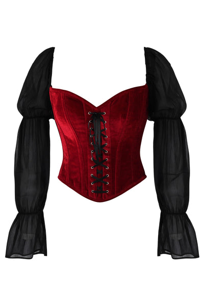 Top Drawer Dark Red Velvet Leather Steel Boned Corset w/Sleeves