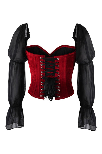 Top Drawer Dark Red Velvet Leather Steel Boned Corset w/Sleeves