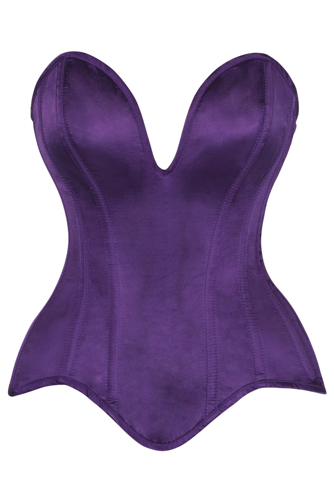 Top Drawer Steel Boned Plum Satin Plunge Neckline Overbust Corset