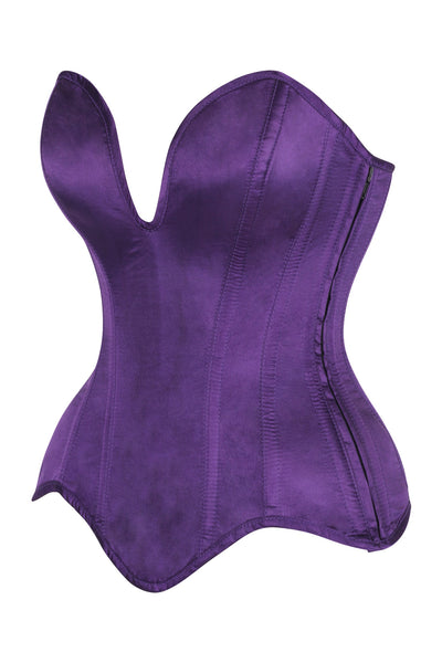 Top Drawer Steel Boned Plum Satin Plunge Neckline Overbust Corset