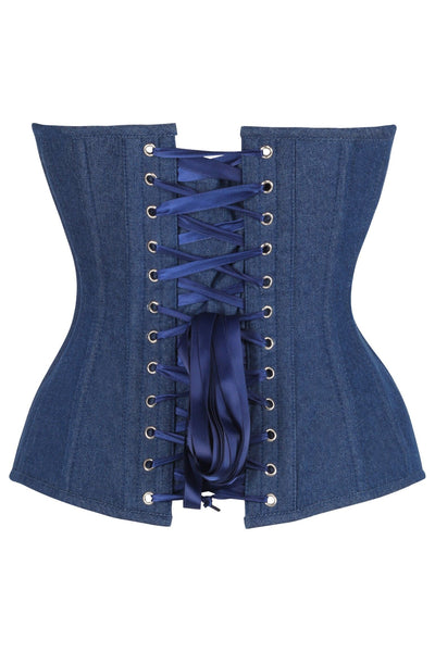 Top Drawer Steel Boned Dark Blue Denim Plunge Neckline Overbust Corset