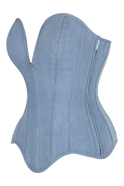 Top Drawer Steel Boned Light Blue Denim Plunge Neckline Overbust Corset