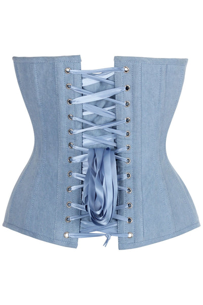 Top Drawer Steel Boned Light Blue Denim Plunge Neckline Overbust Corset