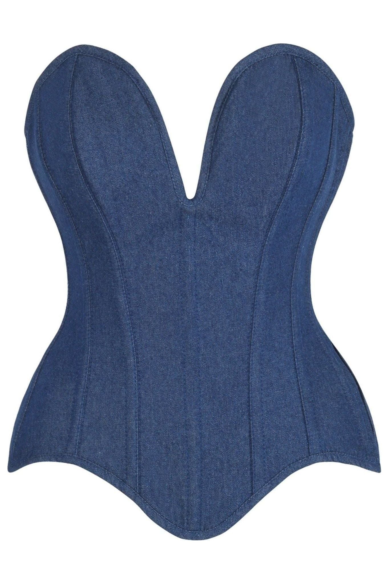 Top Drawer Steel Boned Dark Blue Denim Plunge Neckline Overbust Corset - Daisy Corsets