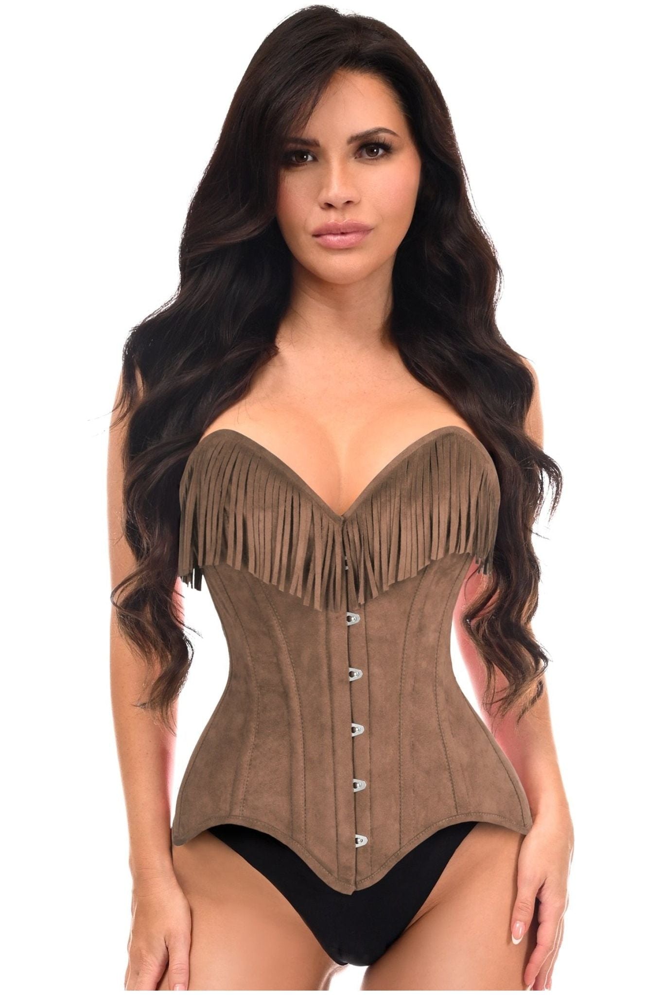 Top Drawer Tan Suede Steel Boned Overbust Corset w/Fringe - Daisy Corsets