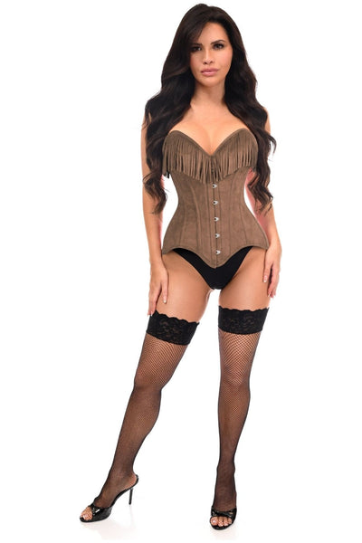 Top Drawer Tan Suede Steel Boned Overbust Corset w/Fringe - Daisy Corsets
