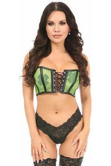 Lavish Neon Green Fishnet & Faux Leather Lace-Up Short Bustier Top - Daisy Corsets