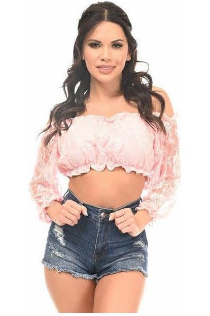 Baby Pink Lined Lace Long Sleeve Peasant Top - Daisy Corsets