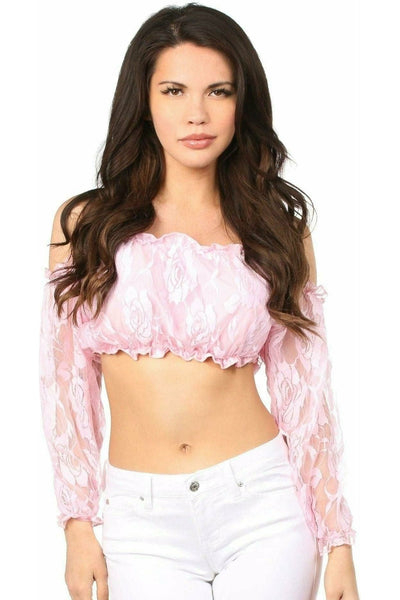 Baby Pink Lined Lace Long Sleeve Peasant Top - Daisy Corsets