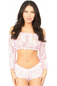 Baby Pink Sheer Lace Long Sleeve Peasant Top - Daisy Corsets