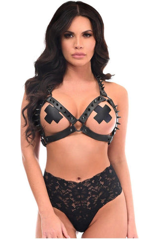 Black Vegan Leather & Black Metallic Spikes Body Harness - Daisy Corsets