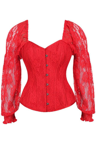 Top Drawer Red w/Red Lace Steel Boned Long Sleeve Corset - Daisy Corsets